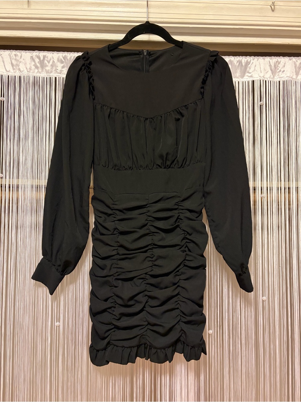 Black Long-Sleeve Ruched Mini Dress with Button Cuffs
